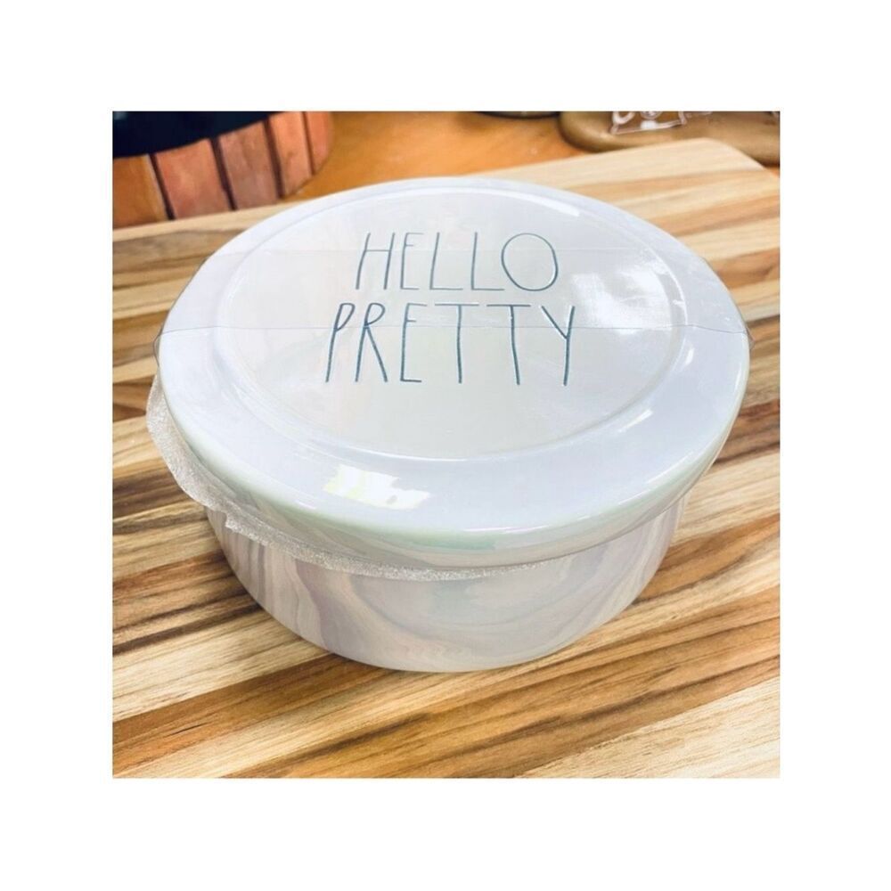 NWT Rae Dunn “Hello Pretty" White off Iridescent Round Jewelry Box Bowl with Lid